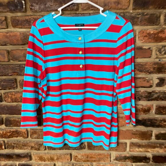 Talbots Aqua Blue Red Striped Quarter Button Henley Top Size PL Petite Large - Picture 1 of 6